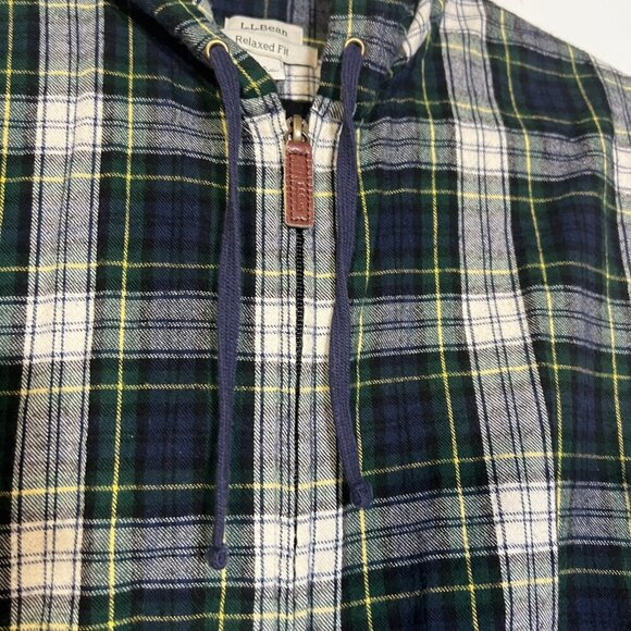 L.L. Bean Scotch Zip Up Flannel Hooded Plaid Green Blue White Size Medium Fall - Picture 5 of 10